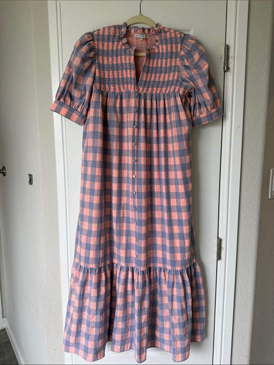 English Factory Dresses & Skirts - English Factory Coral and Gray Check Smocked Midi Dress